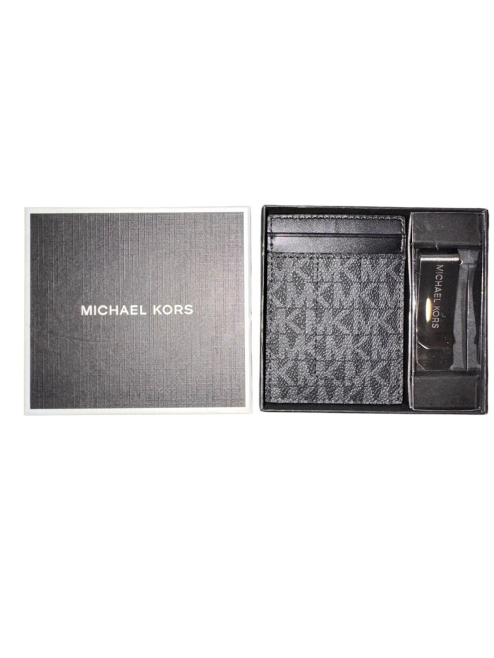Michael Kors Men's Black Signature Card Holder & Money Clip Gift Set NWT